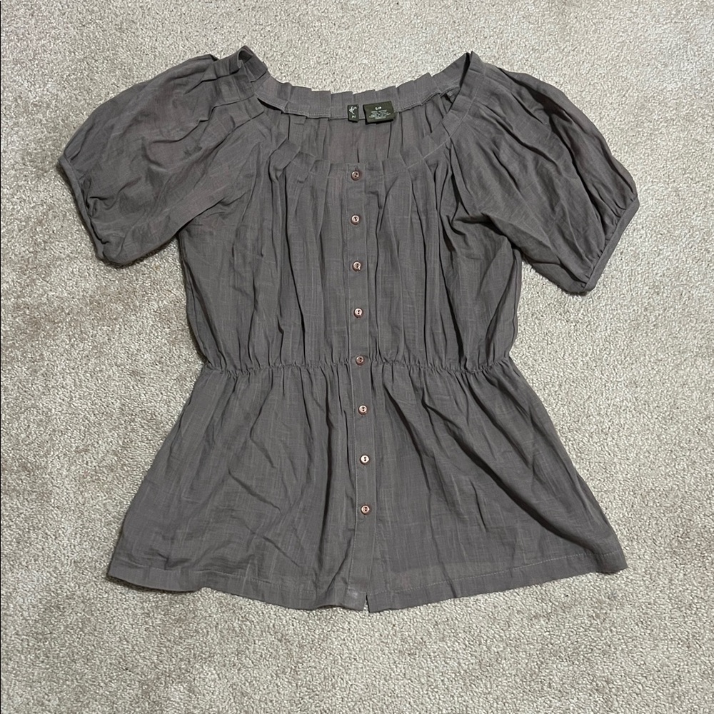 Anthropologie Gray Puff Sleeve Button-Front Blouse